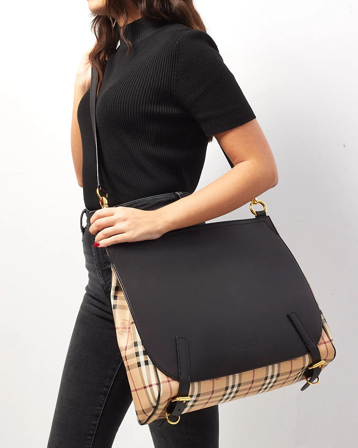 Burberry Black Leather & Haymarket Check Large Flap Bridle Messenger Bag