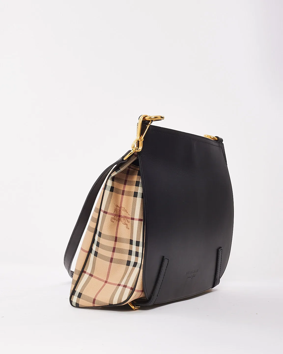 Burberry Black Leather & Haymarket Check Large Flap Bridle Messenger Bag
