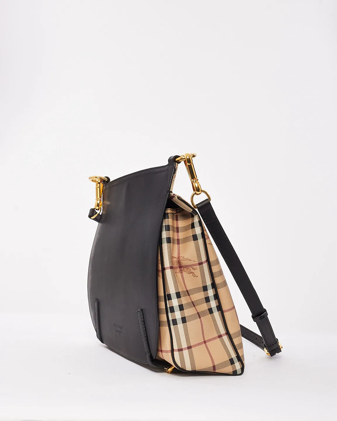 Burberry Black Leather & Haymarket Check Large Flap Bridle Messenger Bag