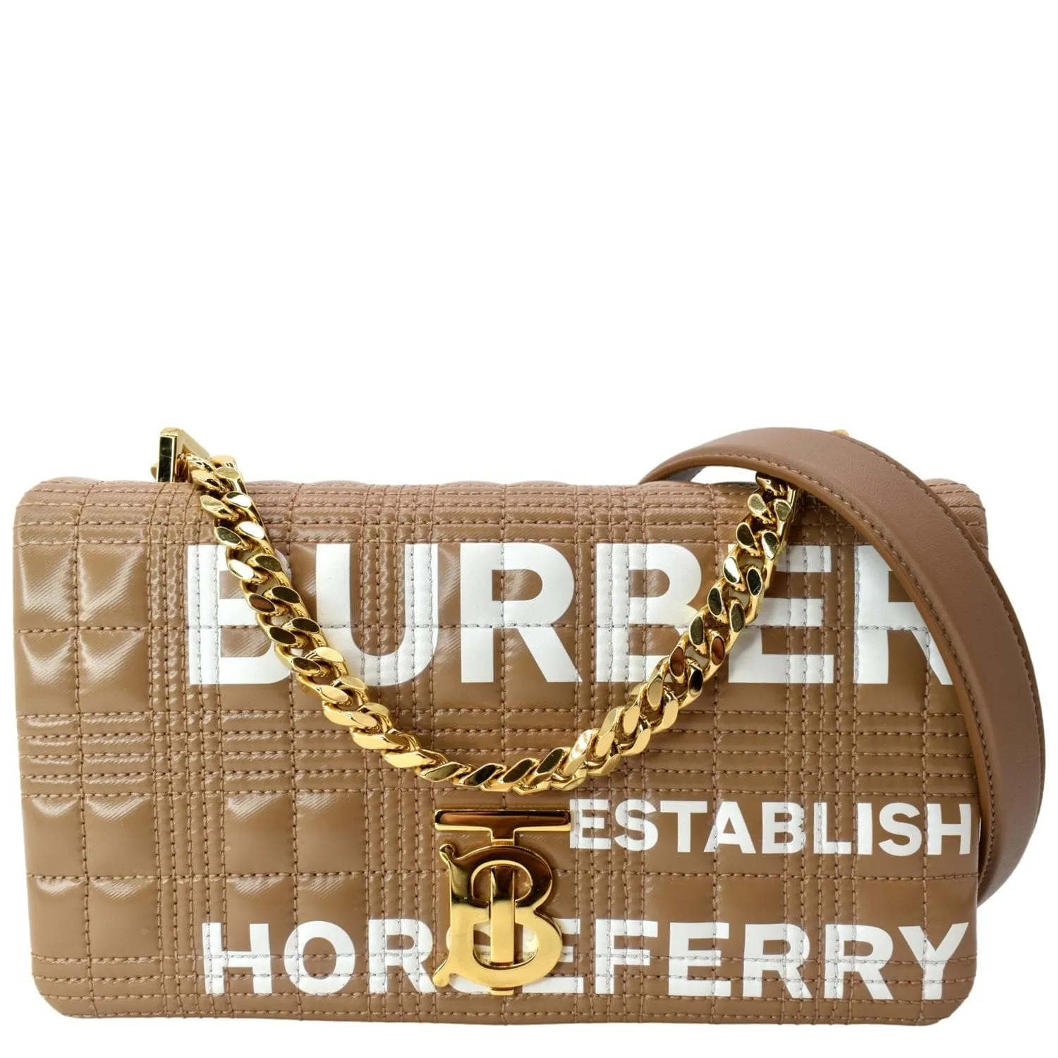 BURBERRY Horseferry Print Lola Small Quilted Leather Shoulder Bag Camel