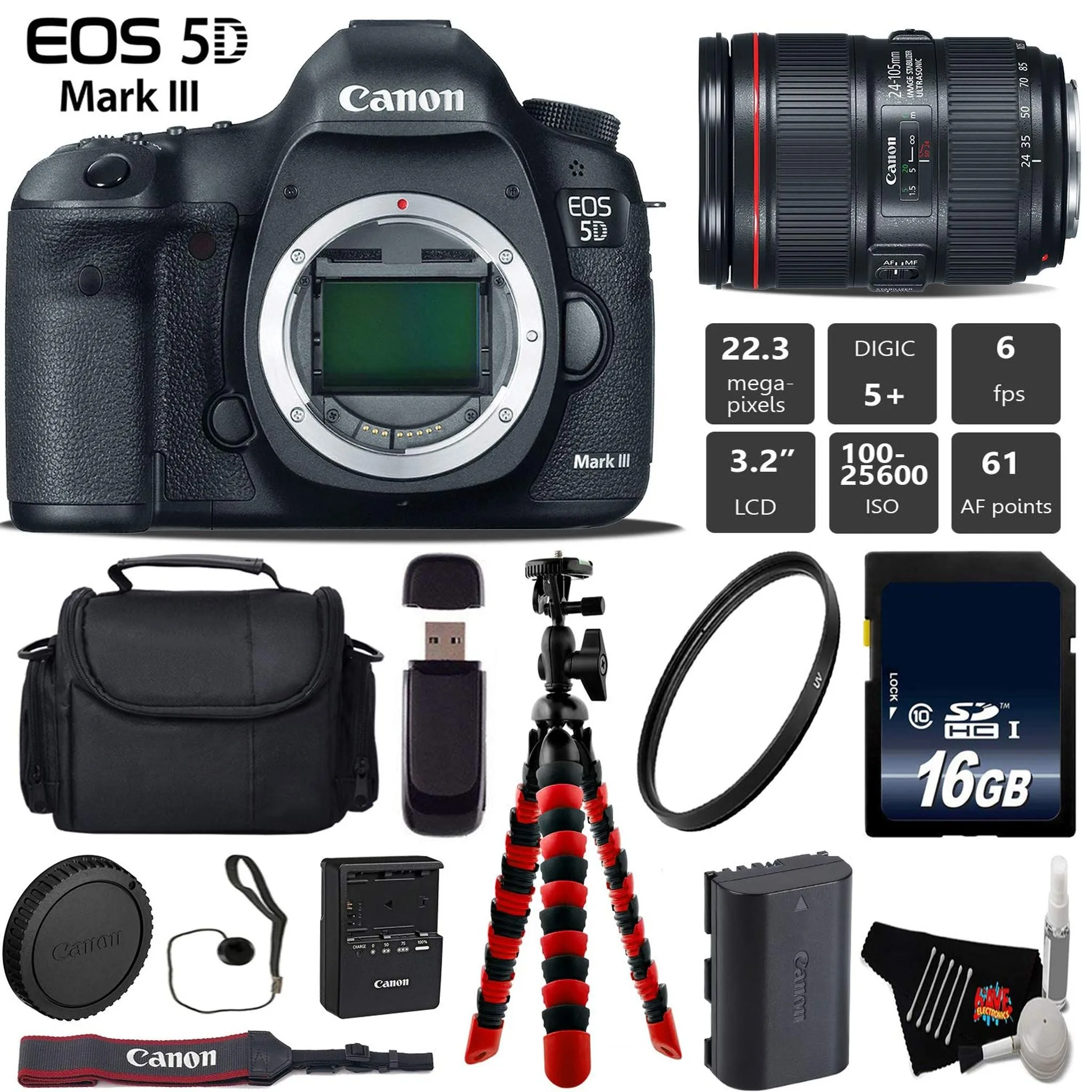 Canon EOS 5D Mark III DSLR Camera with 24-105mm f/4L II Lens   Wireless Remote   UV Protection Filter   Case   Wrist Str