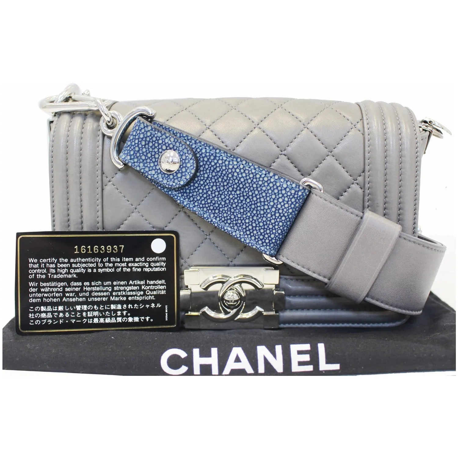 CHANEL Boy Flap with Stingray Lambskin Shoulder Bag Silver