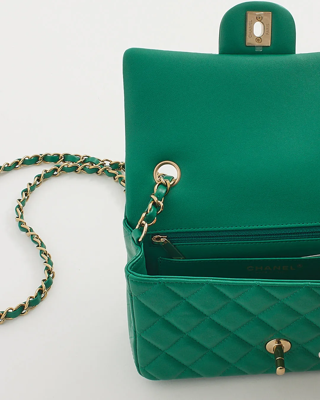 Chanel Emerald Green Lambskin Mini Rectangular Classic Flap Bag