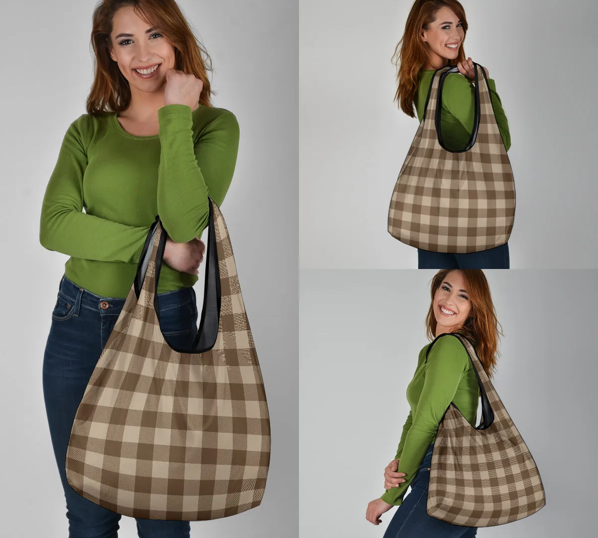 Coffee Colored Brown Buffalo Plaid Grocery Shopping Bags Pack of 3