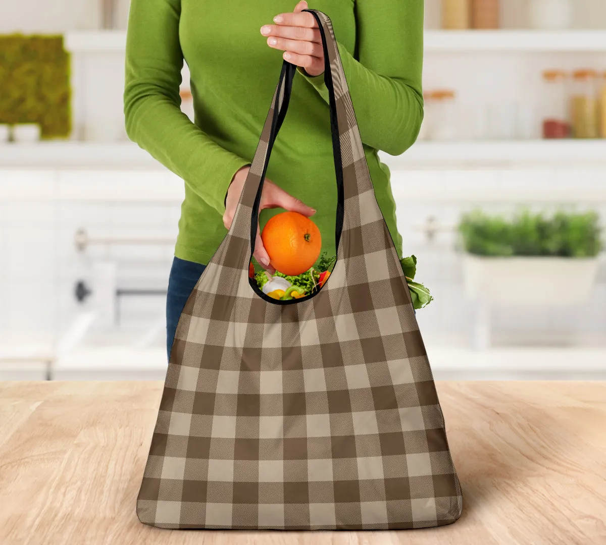Coffee Colored Brown Buffalo Plaid Grocery Shopping Bags Pack of 3
