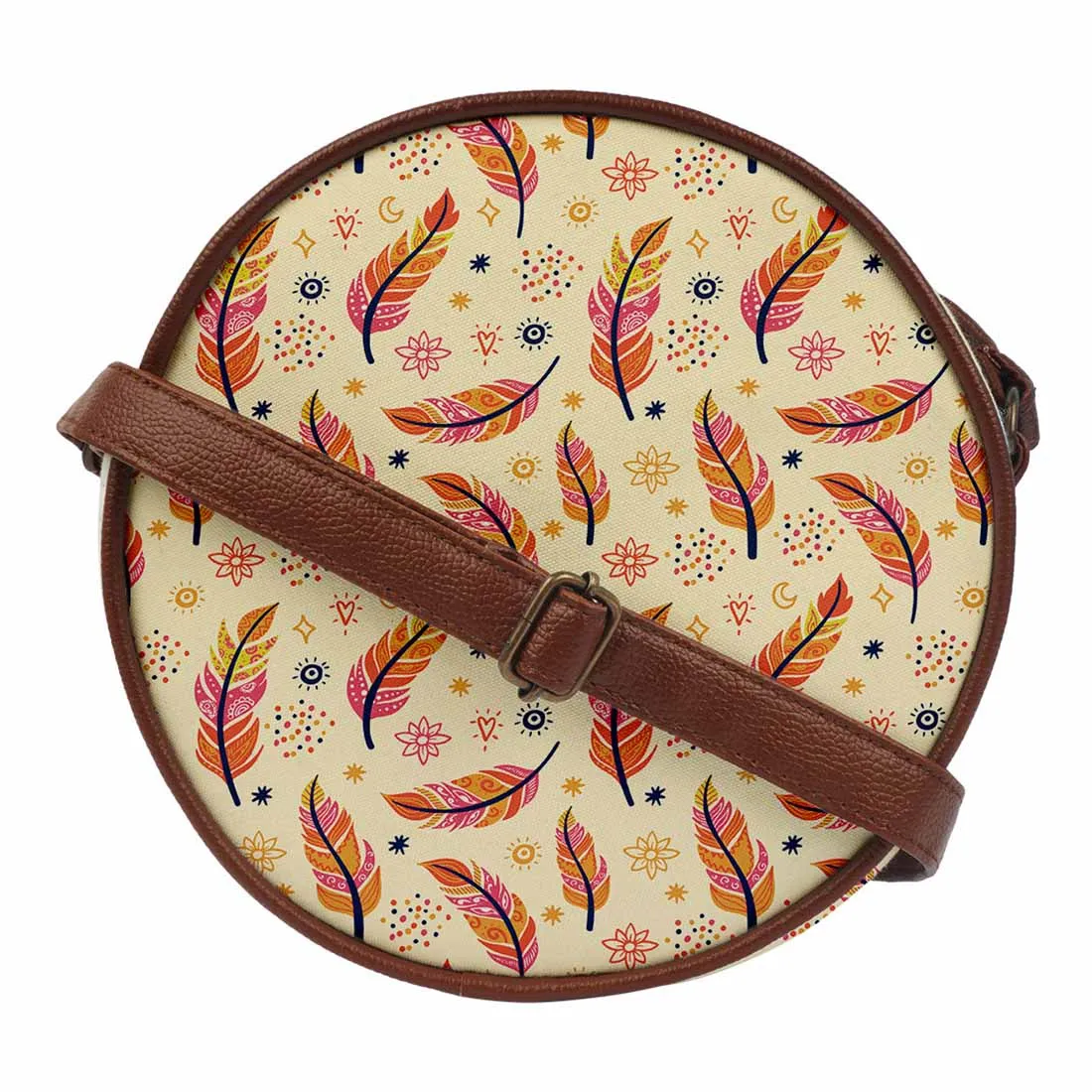 Cream Leaves Printed Round Sling Bag