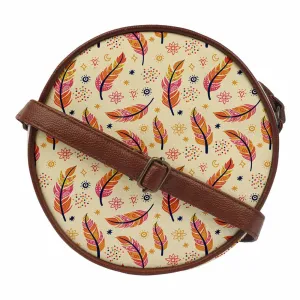 Cream Leaves Printed Round Sling Bag