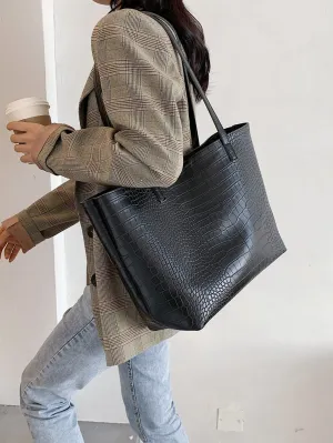 Crocodile Embossed Large Capacity Tote Bag - Black- FD ⚡