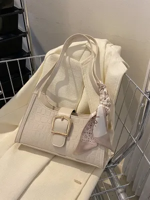 Crocodile Embossed Twilly Scarf & Buckle Decor Baguette Bag - Beige