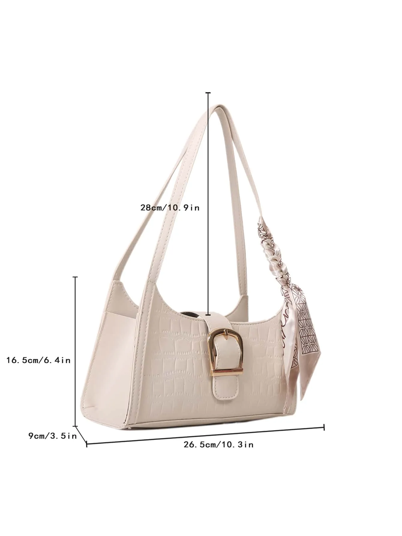 Crocodile Embossed Twilly Scarf & Buckle Decor Baguette Bag - Beige