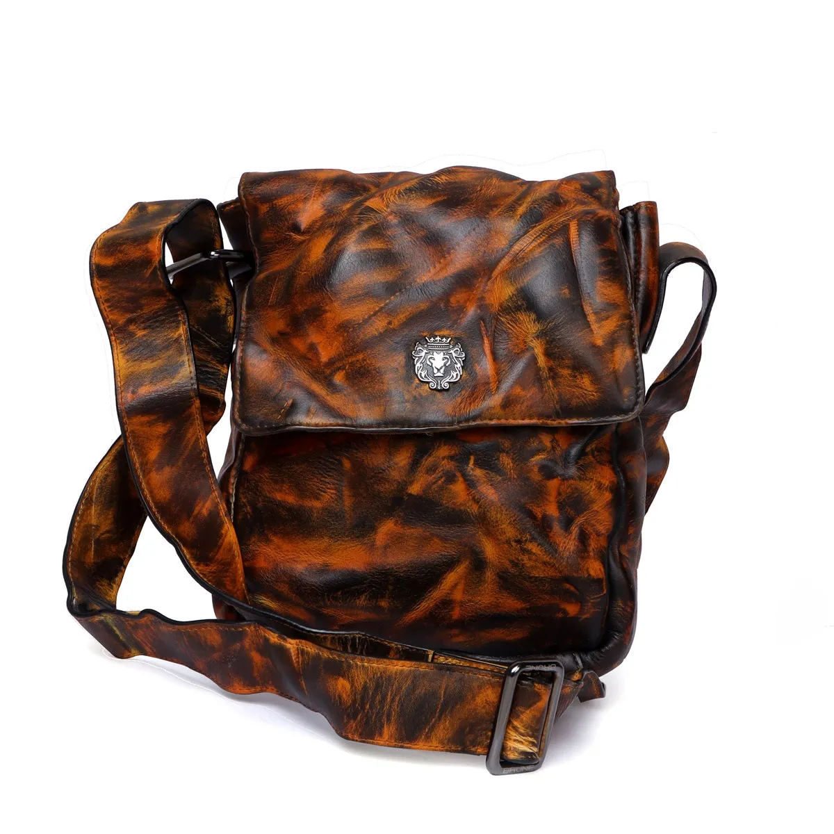 Dark Brown Inverted Patina Finish Textured Leather Flapover Crossbody Bag by Brune & Bareskin
