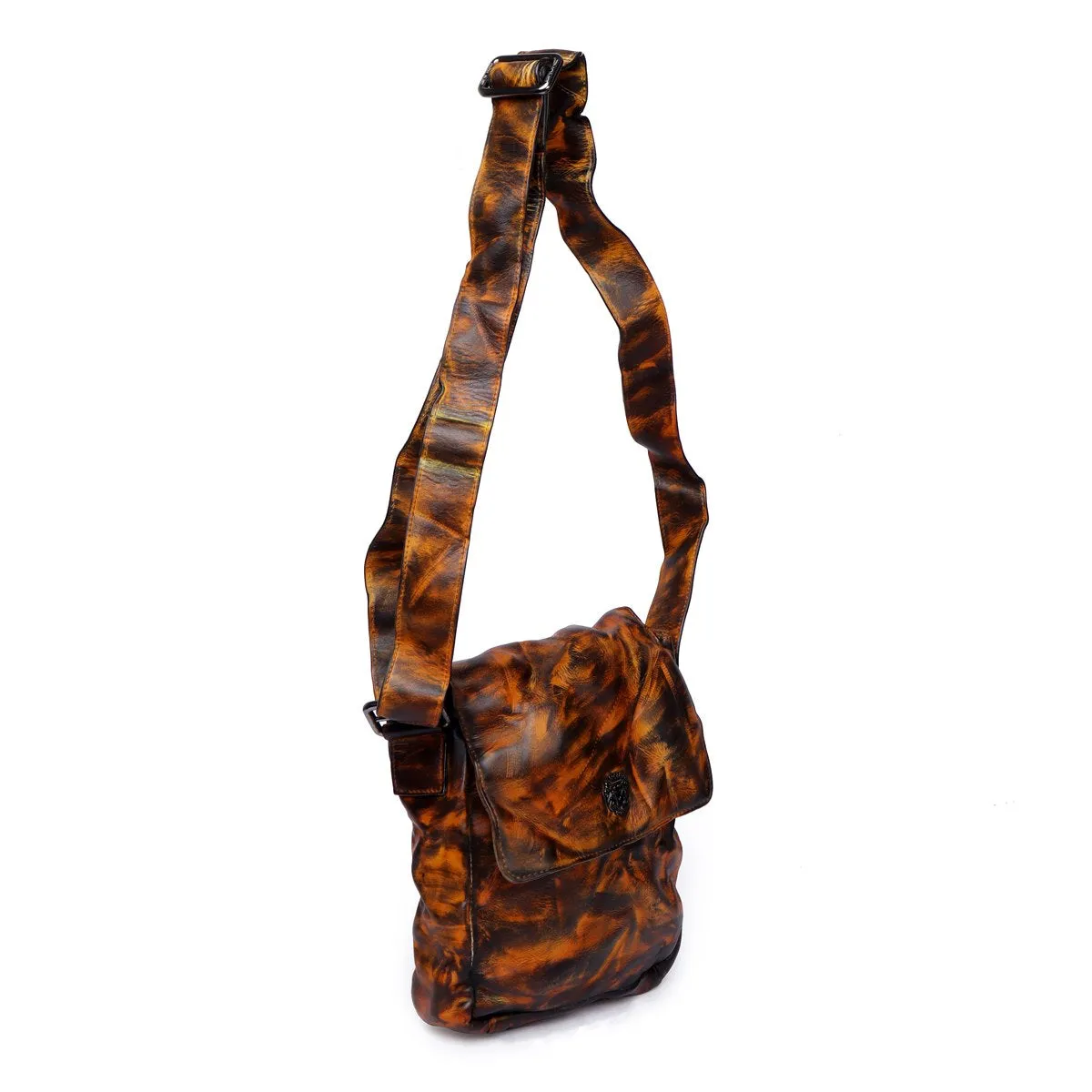 Dark Brown Inverted Patina Finish Textured Leather Flapover Crossbody Bag by Brune & Bareskin