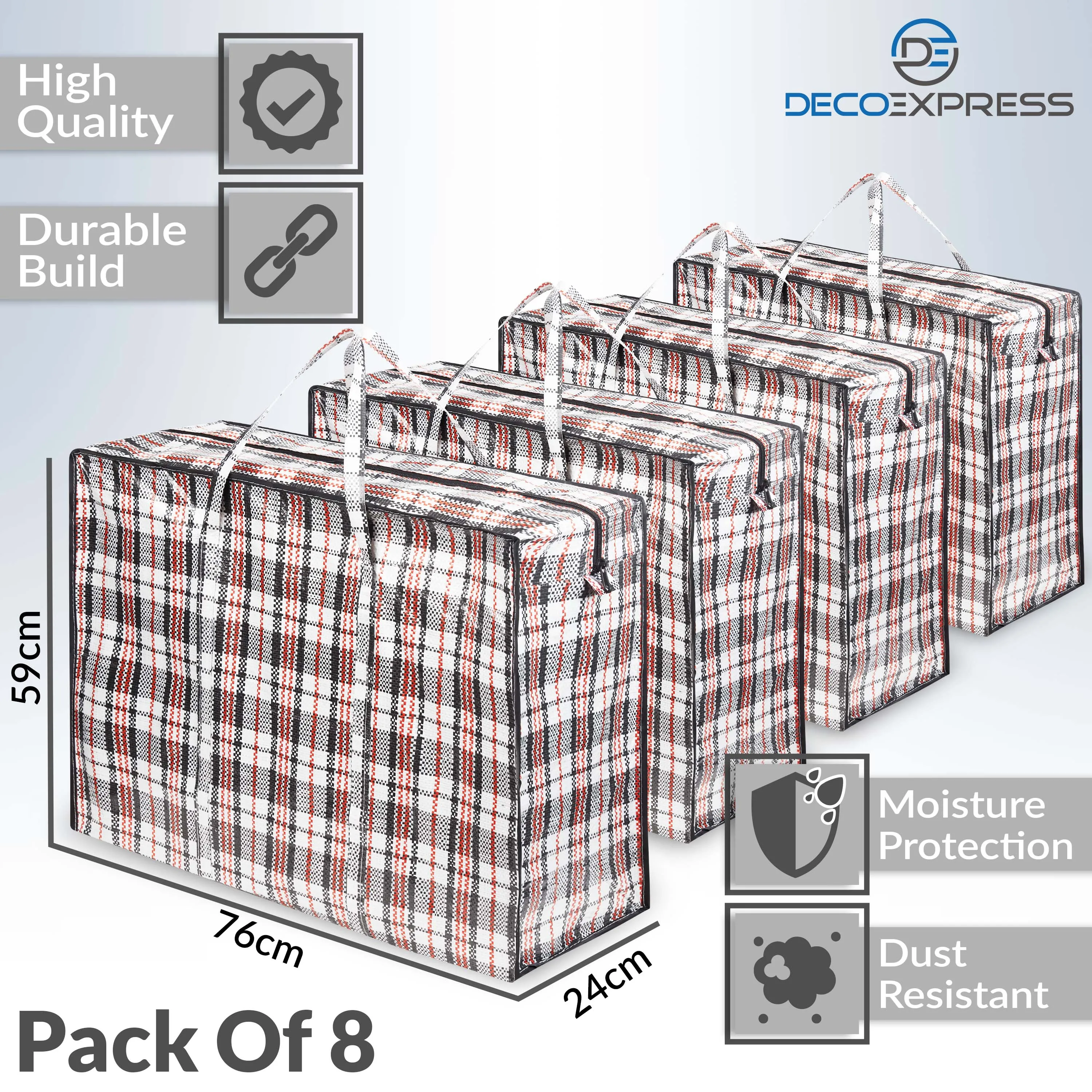 DECO EXPRESS Laundry Bags Large - Strong Durable Storage Bags for Moving House Shopping and Laundry - Jumbo Reusable Zip Bag Storage Bags XXL Multipack (Pack of 8)