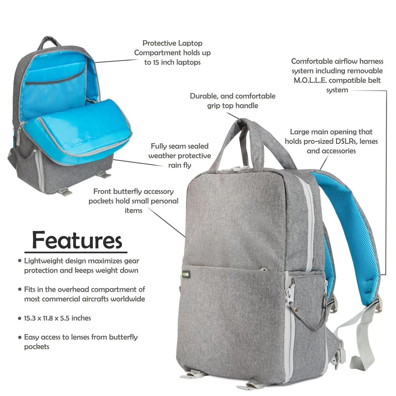 Deco Photo Photo and Video Backpack for Mirrorless and DSLR Cameras and Drones (Grey)