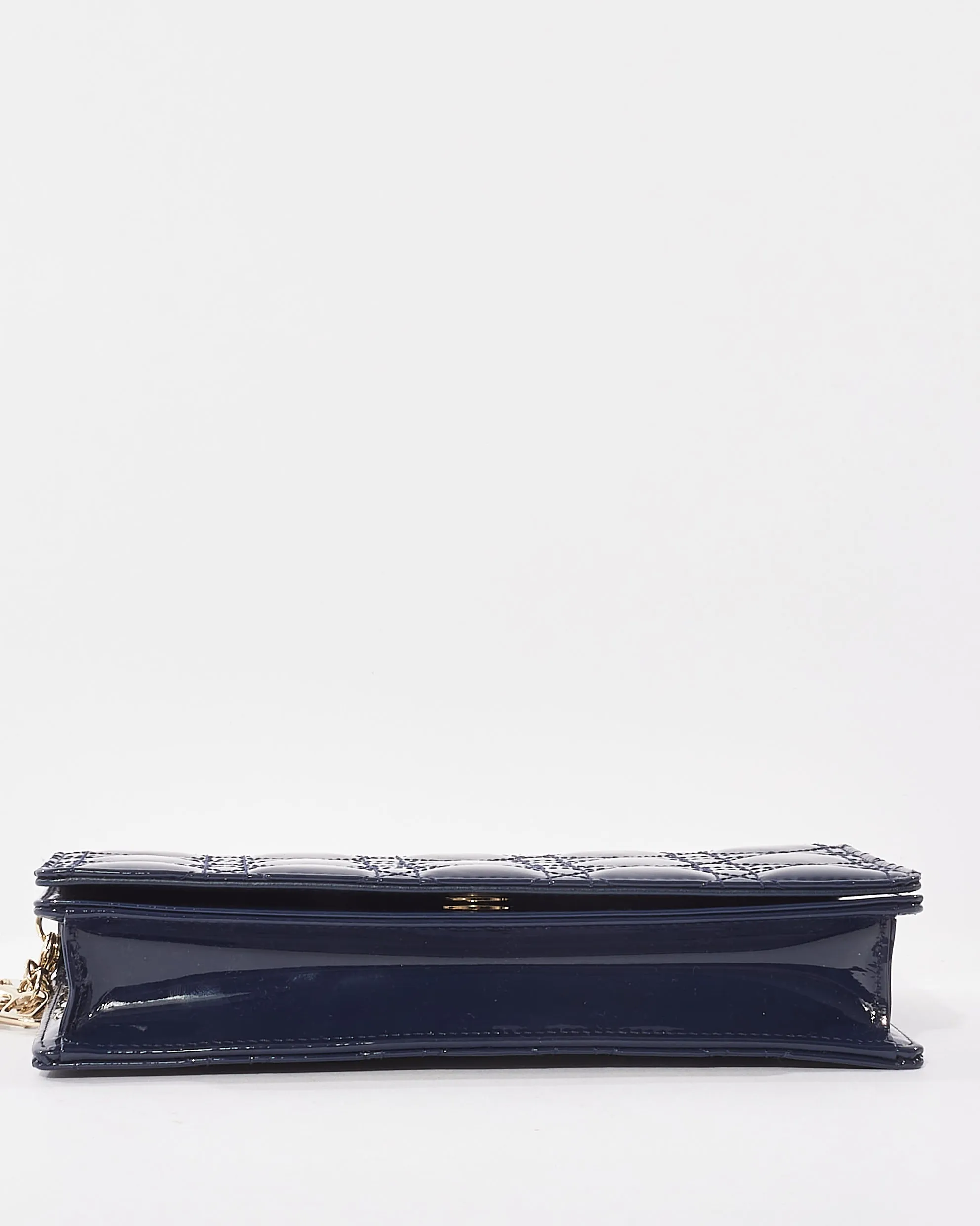 Dior Navy Blue Patent Leather Cannage Lady Dior Wallet On Chain