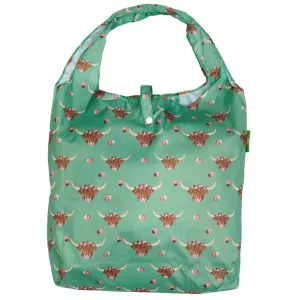 Eco Chic Lightweight Foldable Reusable Shopping Bag- Green Floral Highland Cow