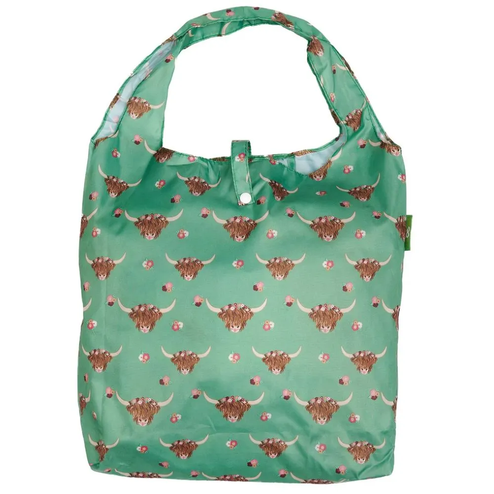 Eco Chic Lightweight Foldable Reusable Shopping Bag- Green Floral Highland Cow