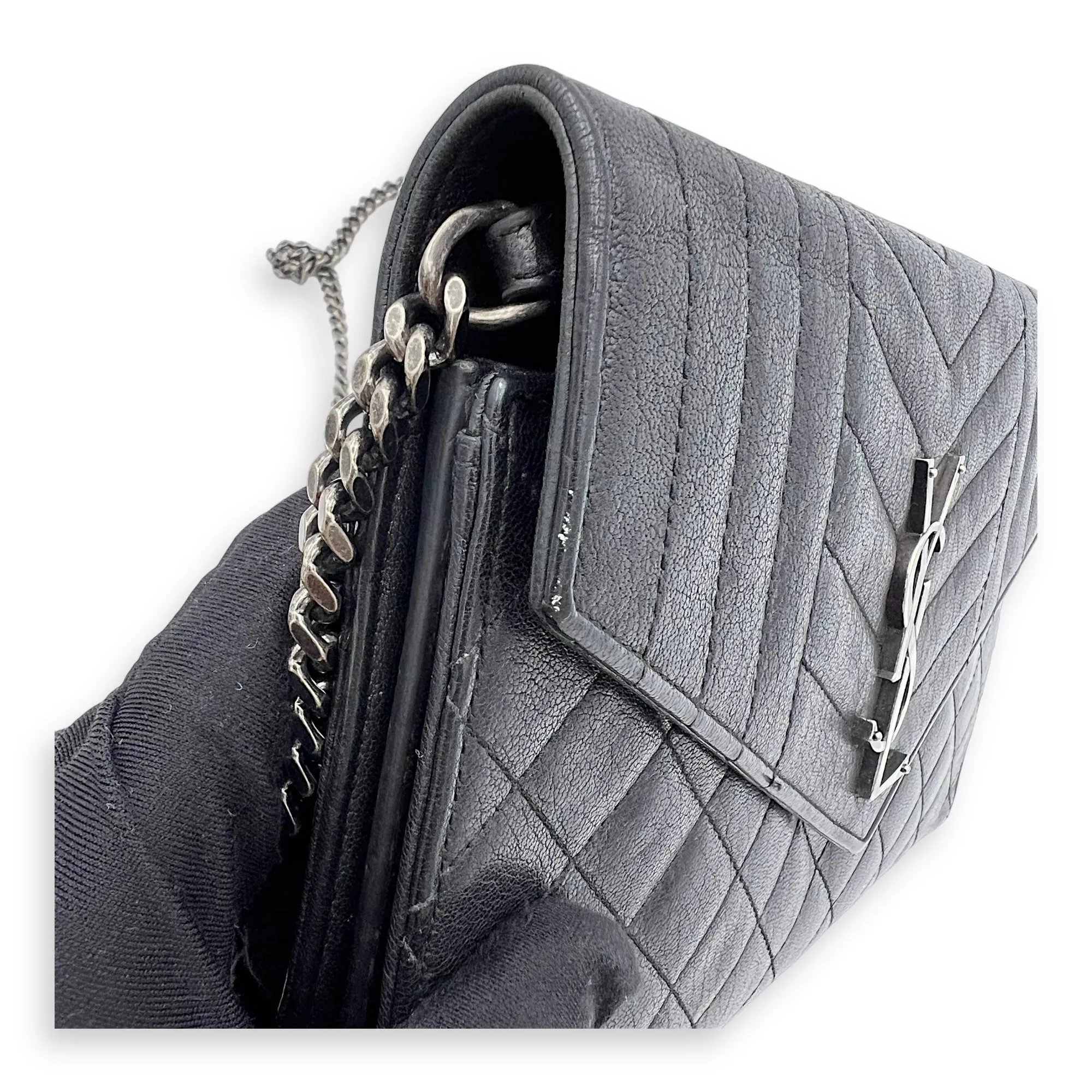 Envelope Wallet On Chain Black in Goat Leather, Silver hardware