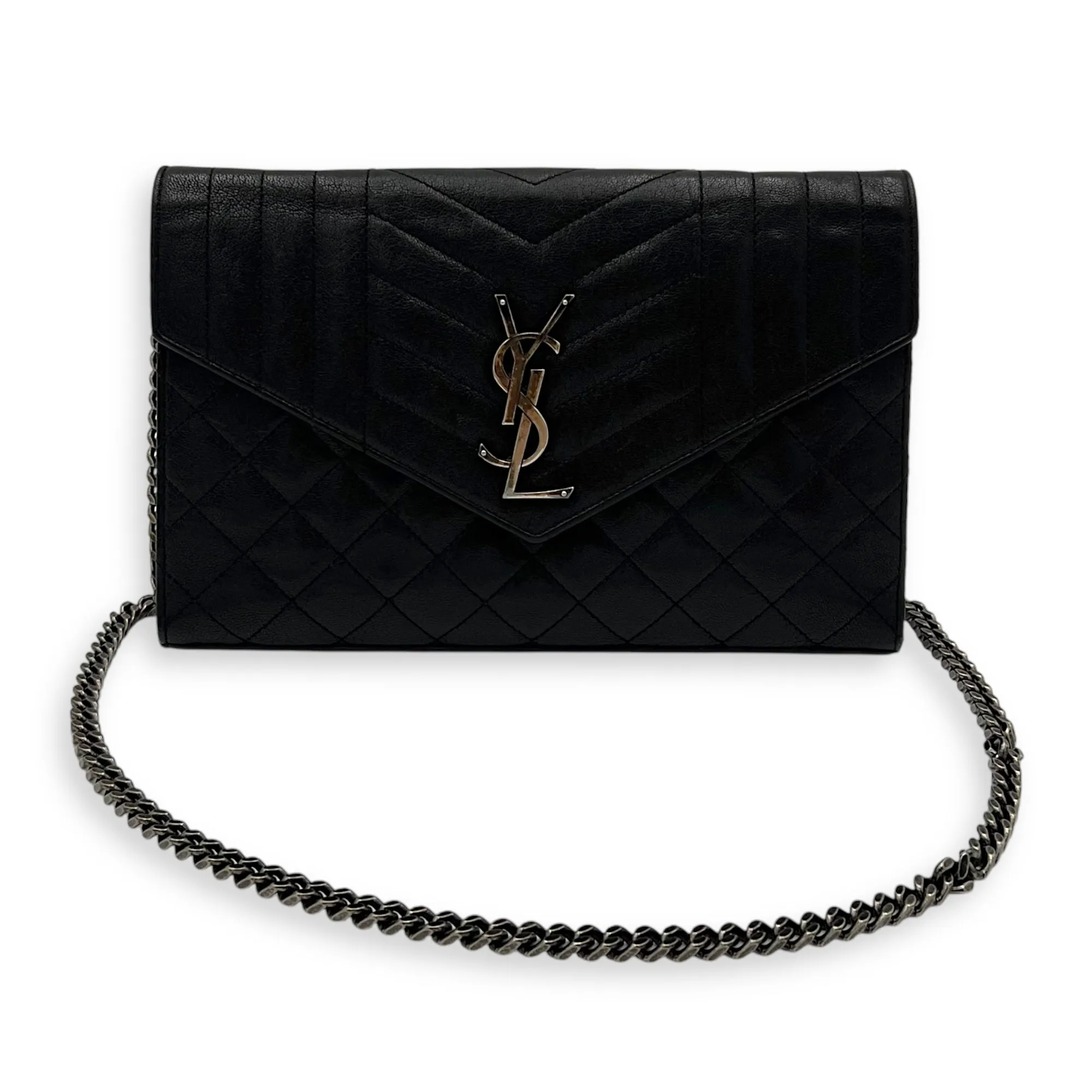 Envelope Wallet On Chain Black in Goat Leather, Silver hardware