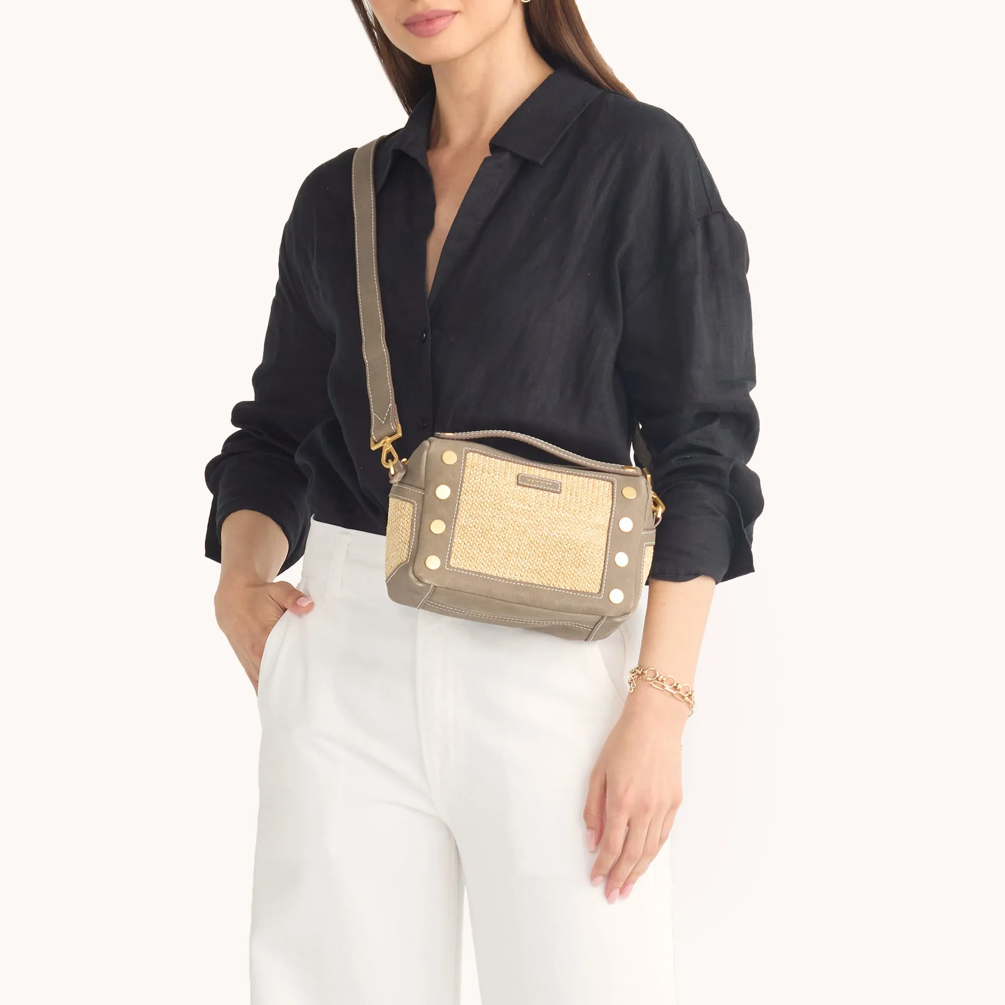 Evan Crossbody | Pewter Raffia/Brushed Gold | Sml