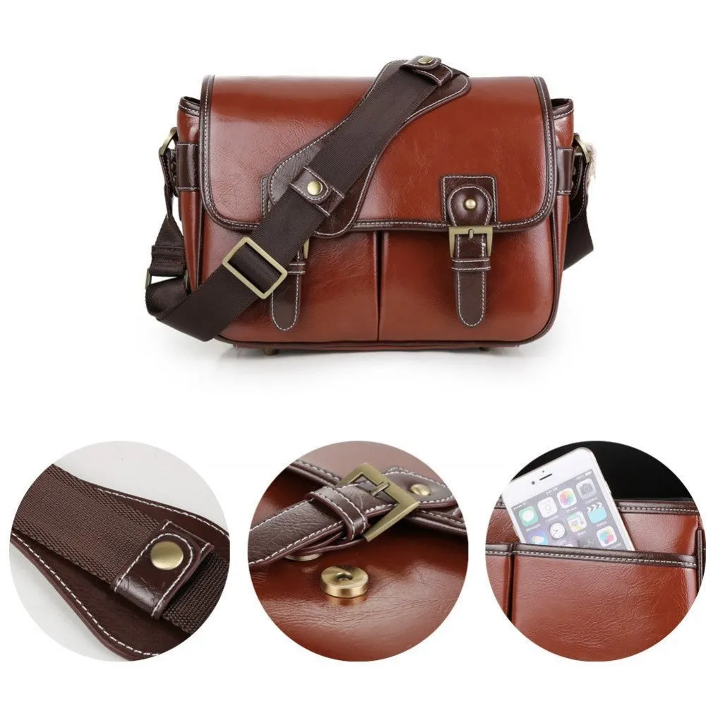 Fosoto Waterproof Vintage PU Leather DSLR Camera Bag Cross Body Portable Case Fit DSLR with 2 lenses For Canon DSLR Camera