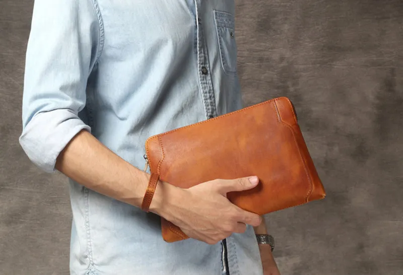 Full Grain Leather Clutch Handmade Men Wrist Bag Large Long Wallet For Men