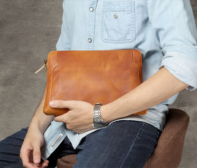 Full Grain Leather Clutch Handmade Men Wrist Bag Large Long Wallet For Men