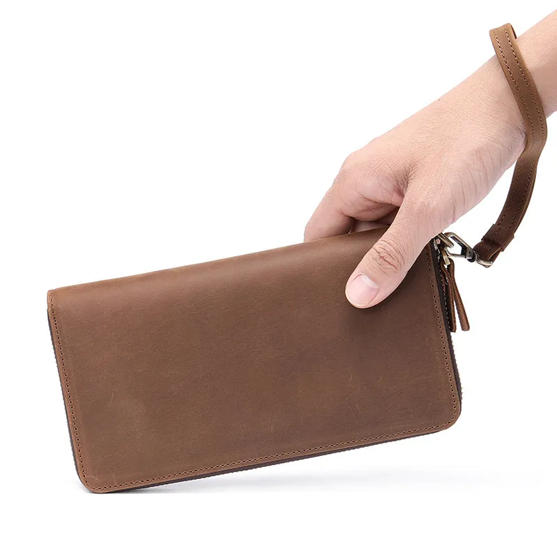 Full Grain Leather Men's Wallet Handmade Long Clutch Retro Mens Leather Zipper Wallet M1028