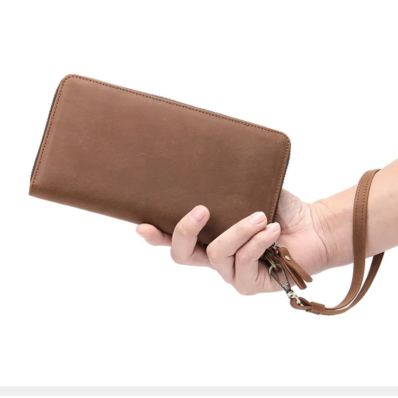 Full Grain Leather Men's Wallet Handmade Long Clutch Retro Mens Leather Zipper Wallet M1028