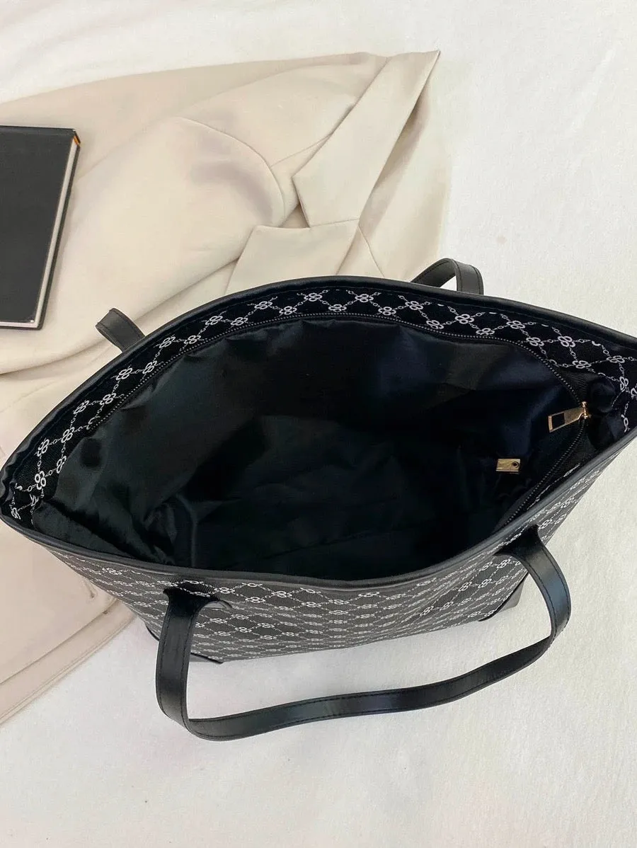 Geometric Pattern Shoulder Tote Bag - black and white