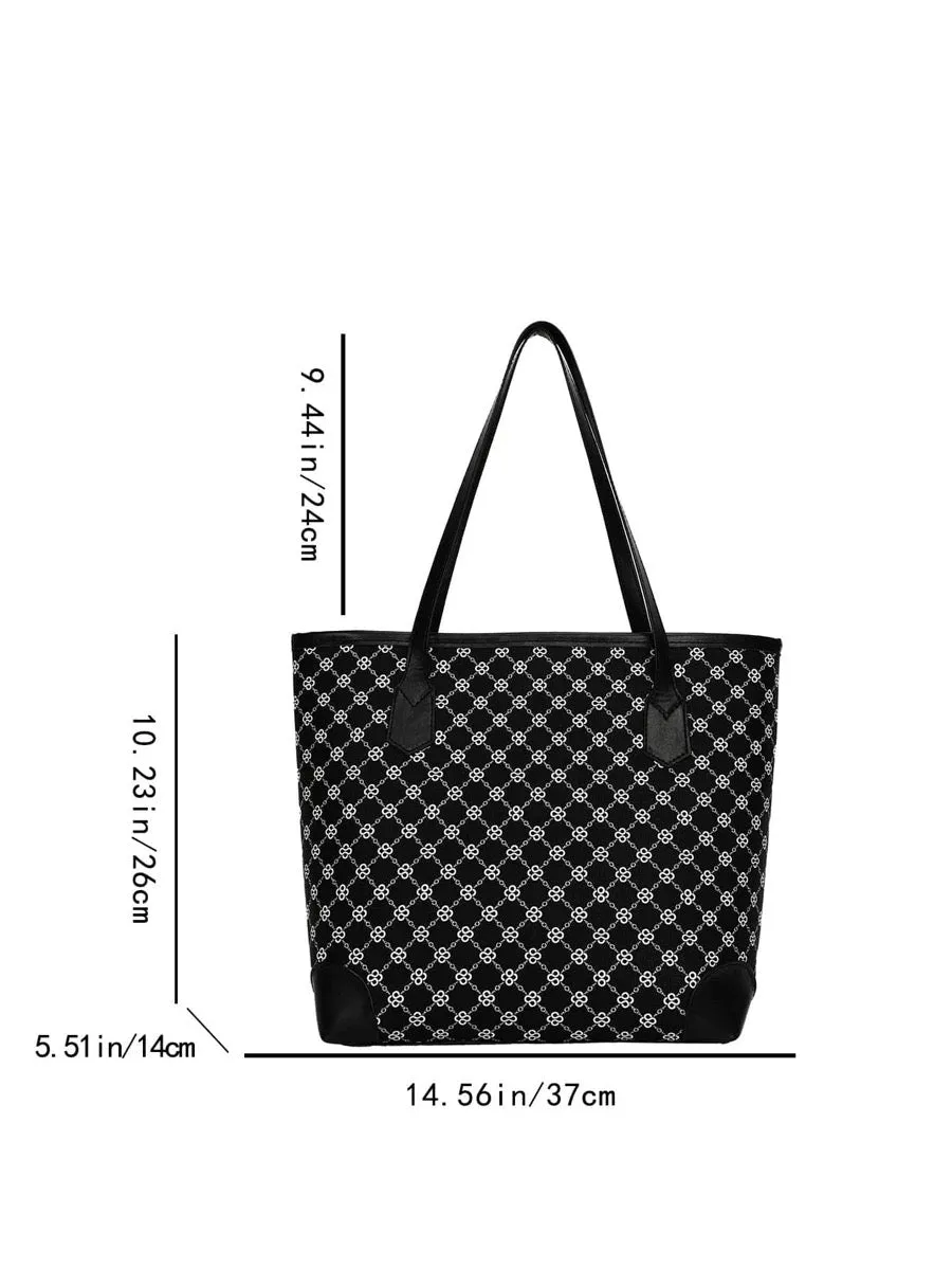 Geometric Pattern Shoulder Tote Bag - black and white