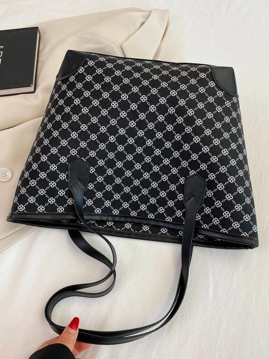 Geometric Pattern Shoulder Tote Bag - black and white