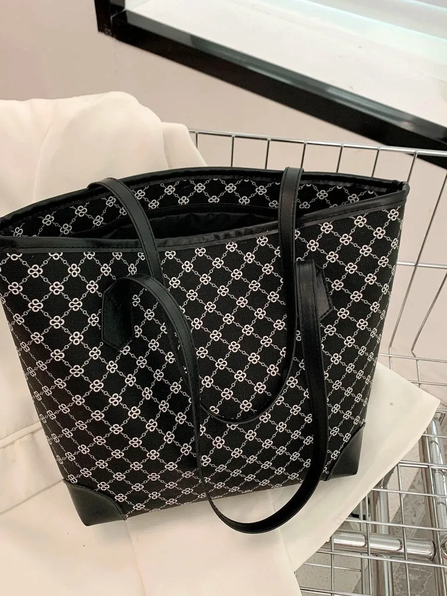 Geometric Pattern Shoulder Tote Bag - black and white