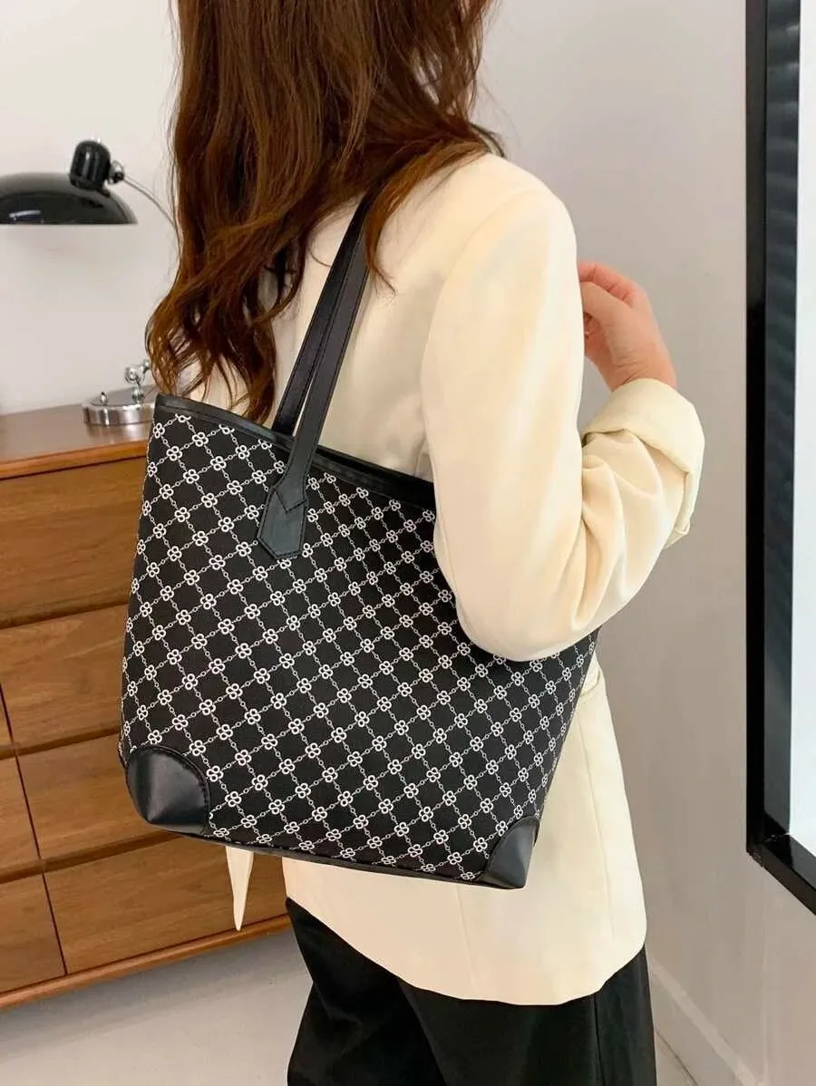 Geometric Pattern Shoulder Tote Bag - black and white