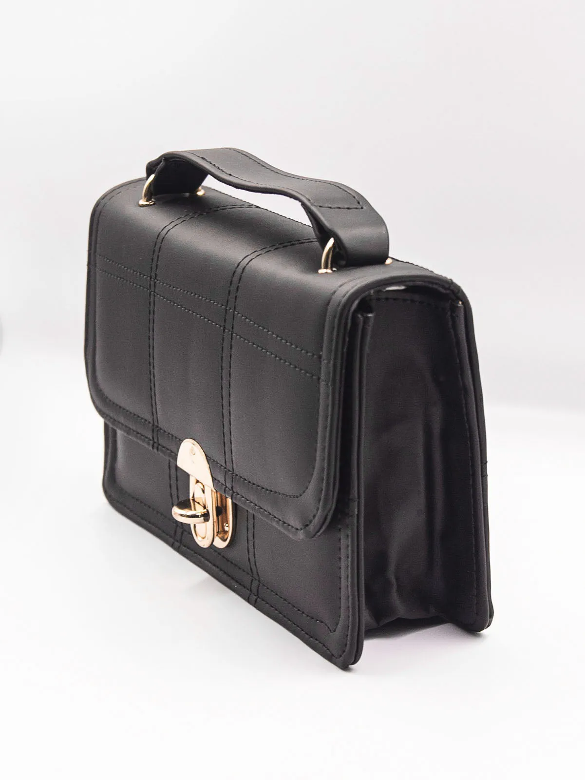 Geometric Quilted Twist Lock Satchel Bag With Strap - Black - FD ⚡