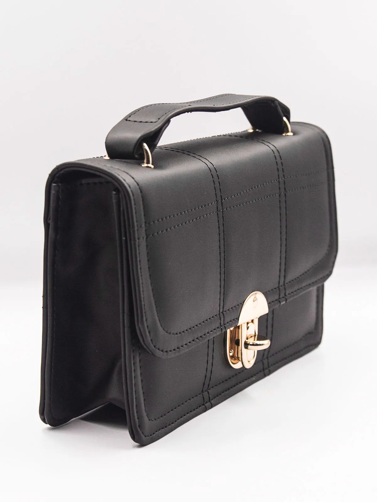 Geometric Quilted Twist Lock Satchel Bag With Strap - Black - FD ⚡