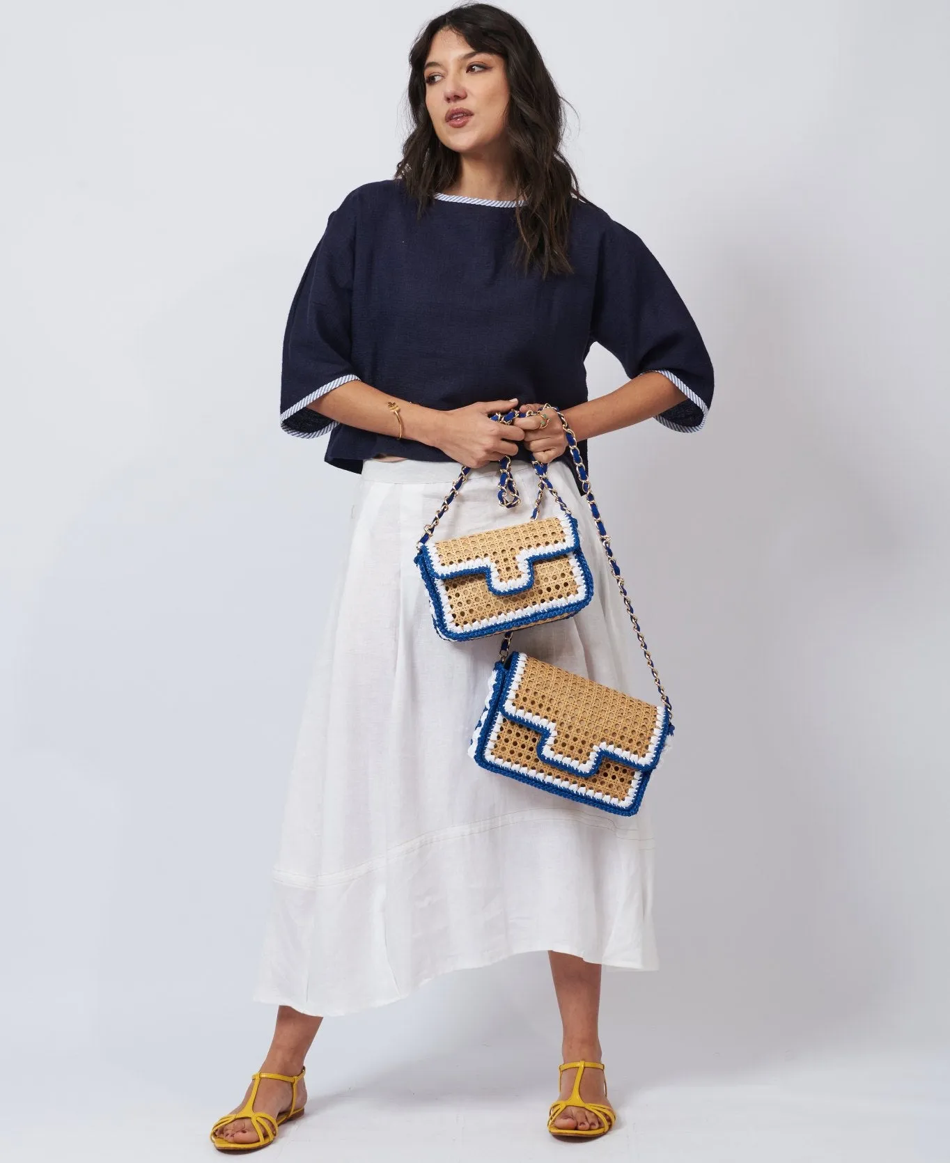 Ginevra Rattan and Raffia Bag Cobalt blue and white- Large