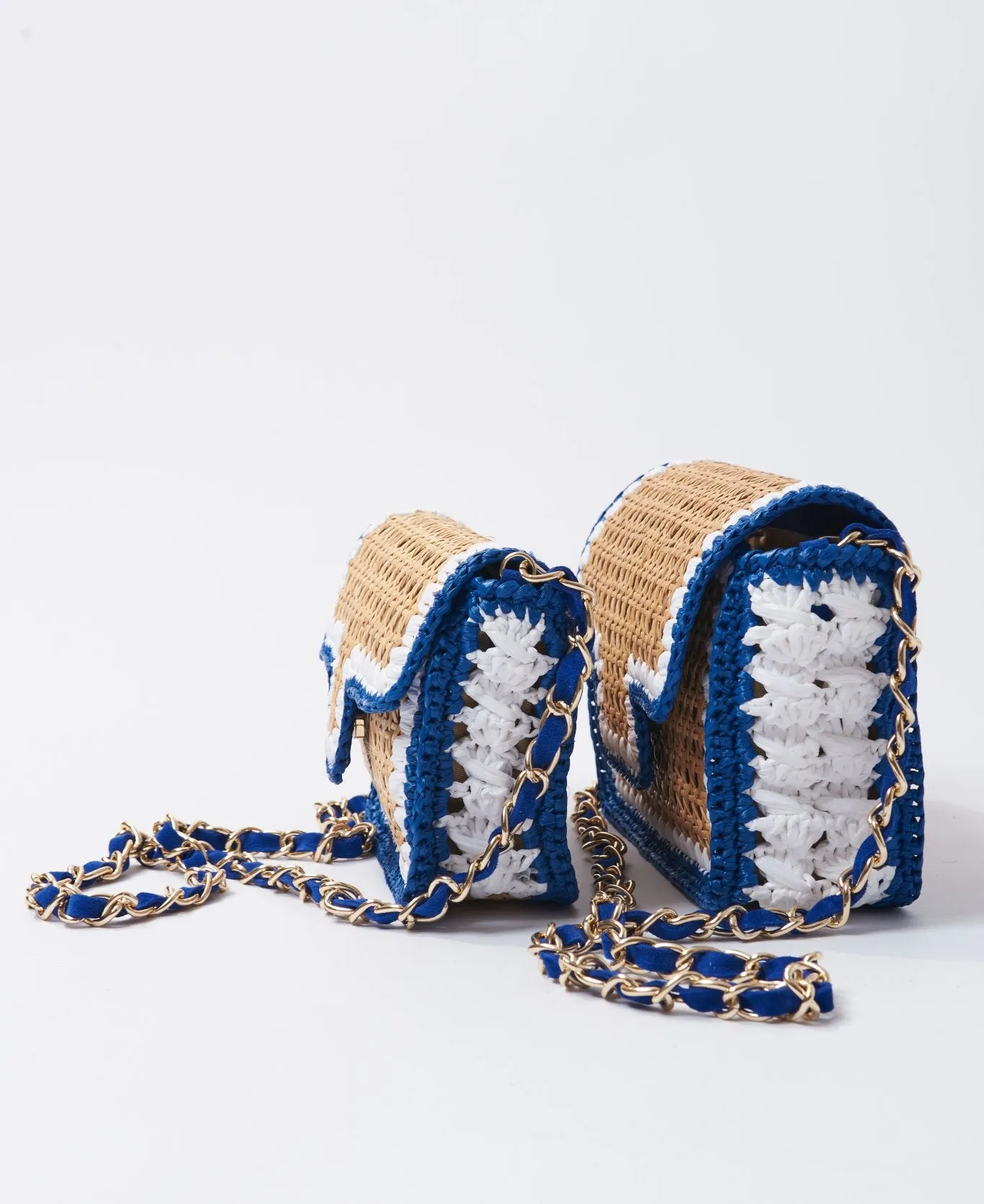 Ginevra Rattan and Raffia Bag Cobalt blue and white- Large
