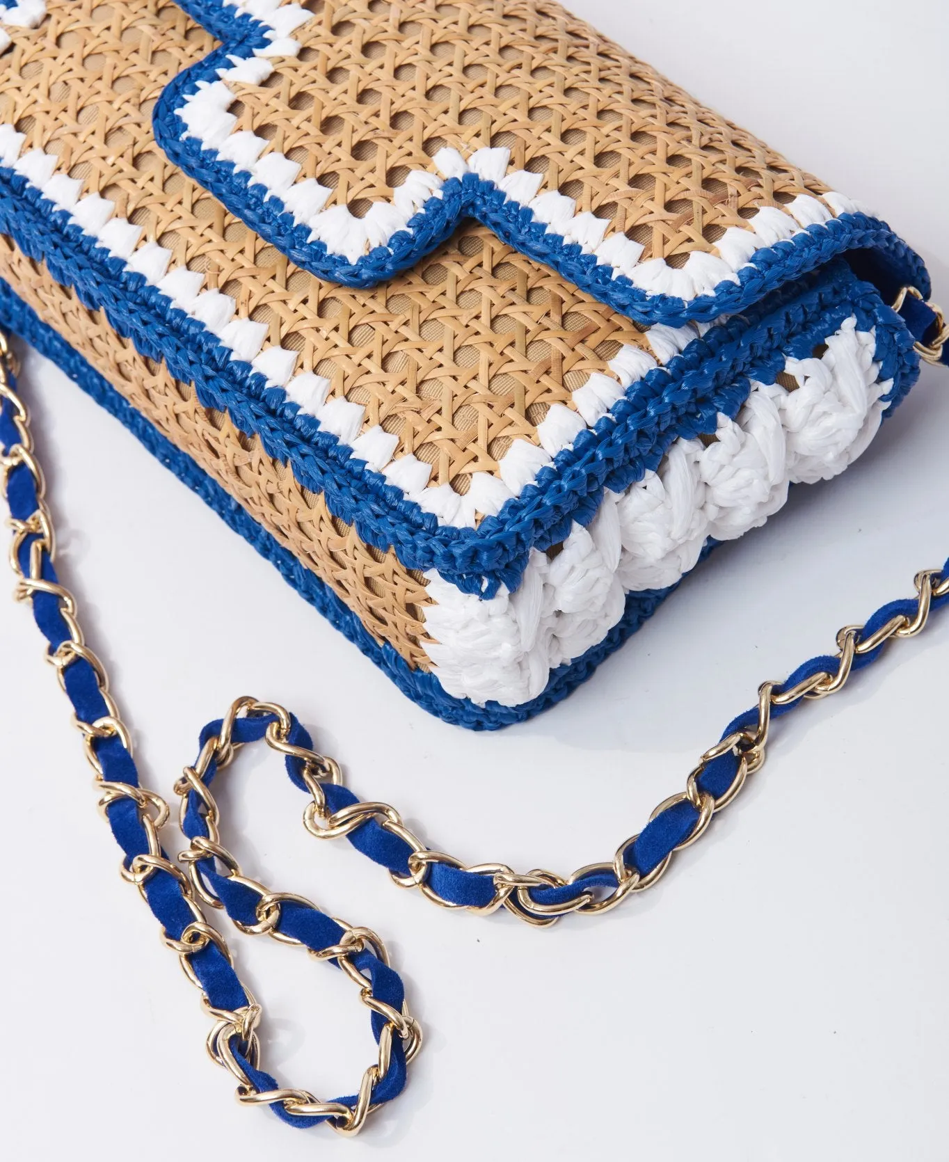 Ginevra Rattan and Raffia Bag Cobalt blue and white- Large