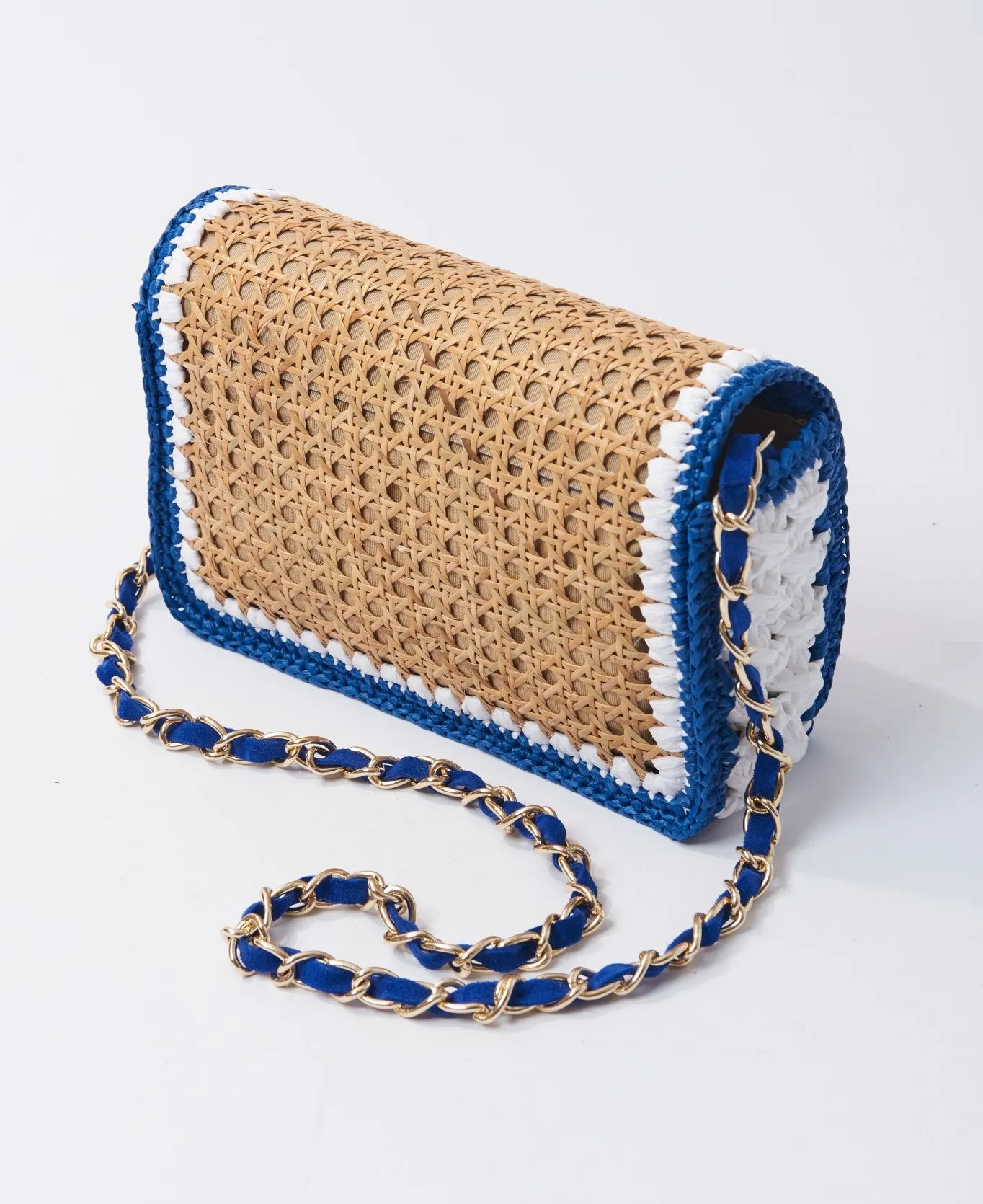 Ginevra Rattan and Raffia Bag Cobalt blue and white- Large