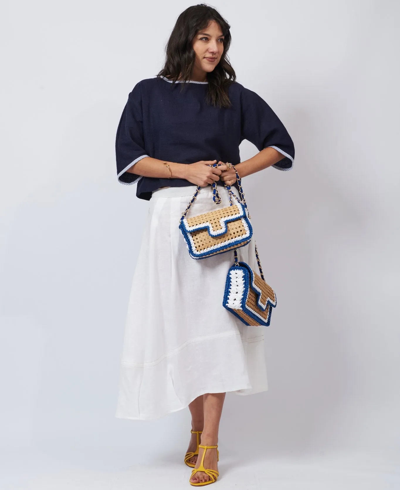Ginevra Rattan and Raffia Bag Cobalt blue and white- Large