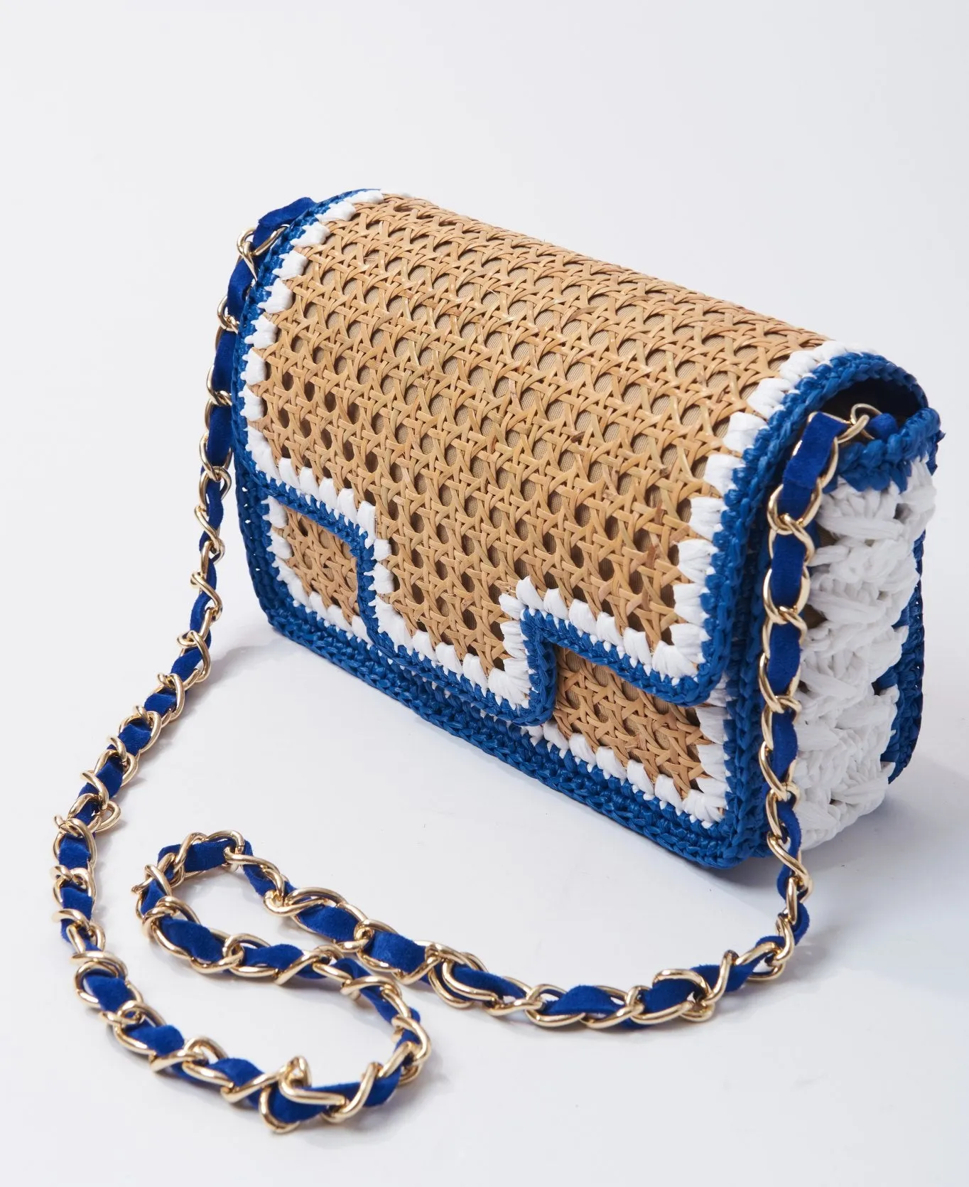 Ginevra Rattan and Raffia Bag Cobalt blue and white- Large