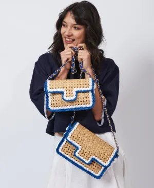 Ginevra Rattan and Raffia Bag Cobalt blue and white- Large