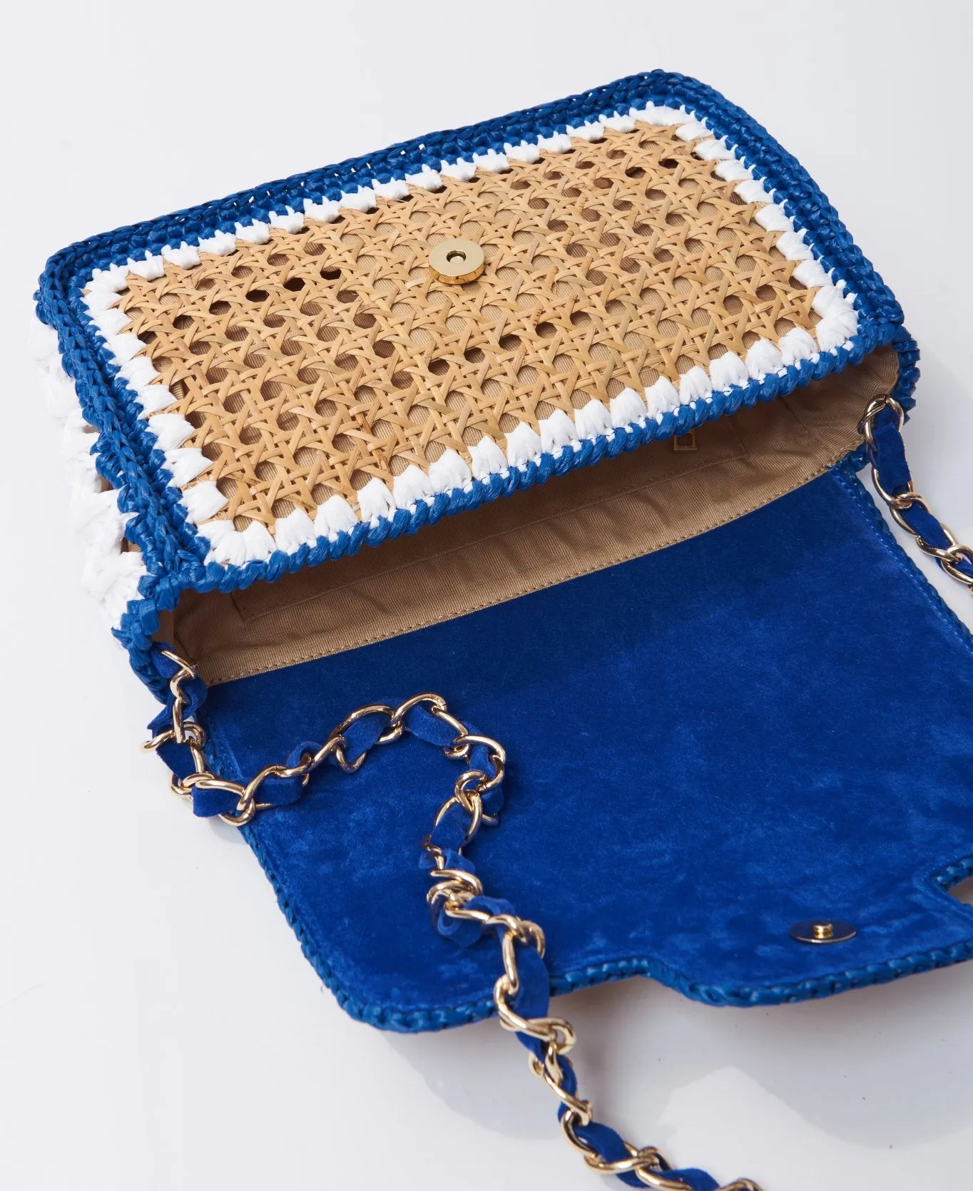 Ginevra Rattan and Raffia Bag Cobalt blue and white- Large