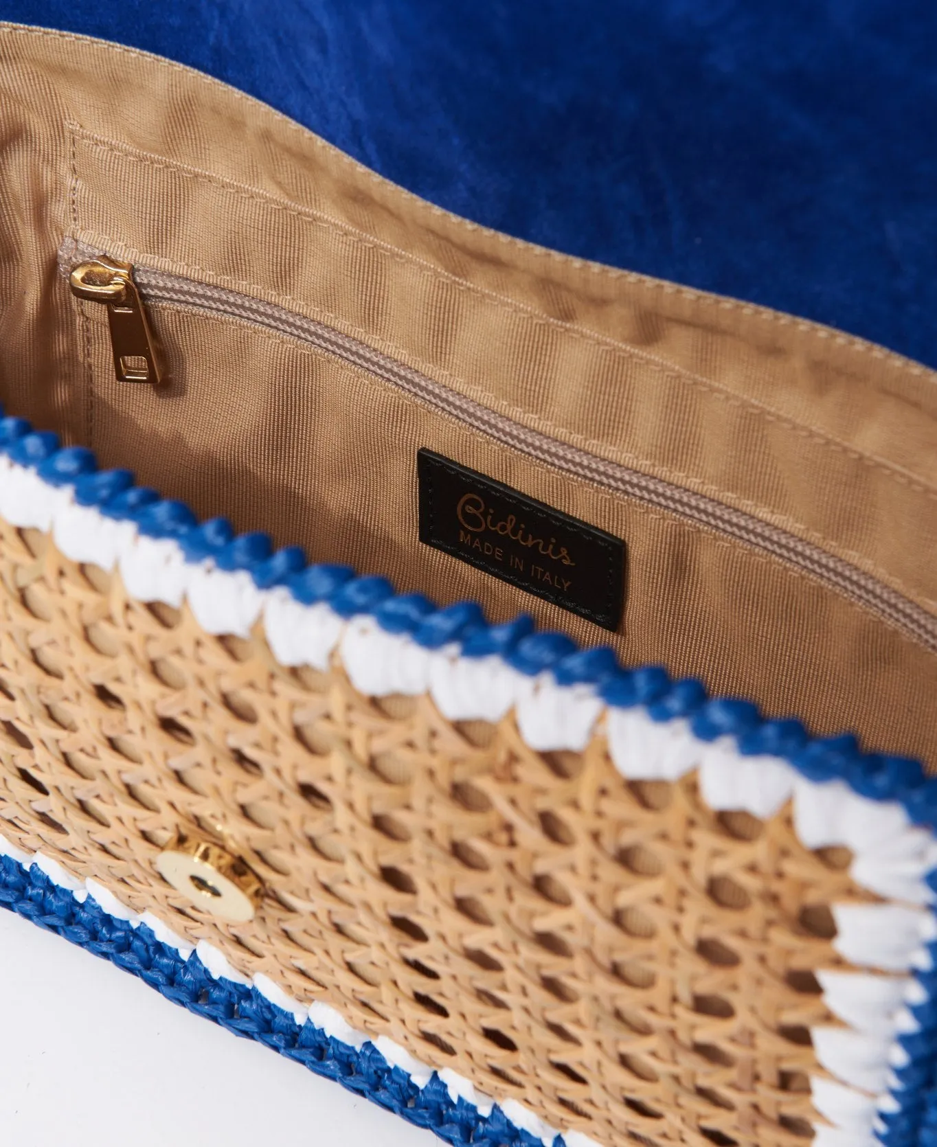 Ginevra Rattan and Raffia Bag Cobalt blue and white- Large