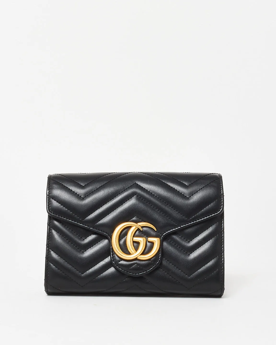 Gucci Black Chevron Leather GG Marmont Wallet On Chain