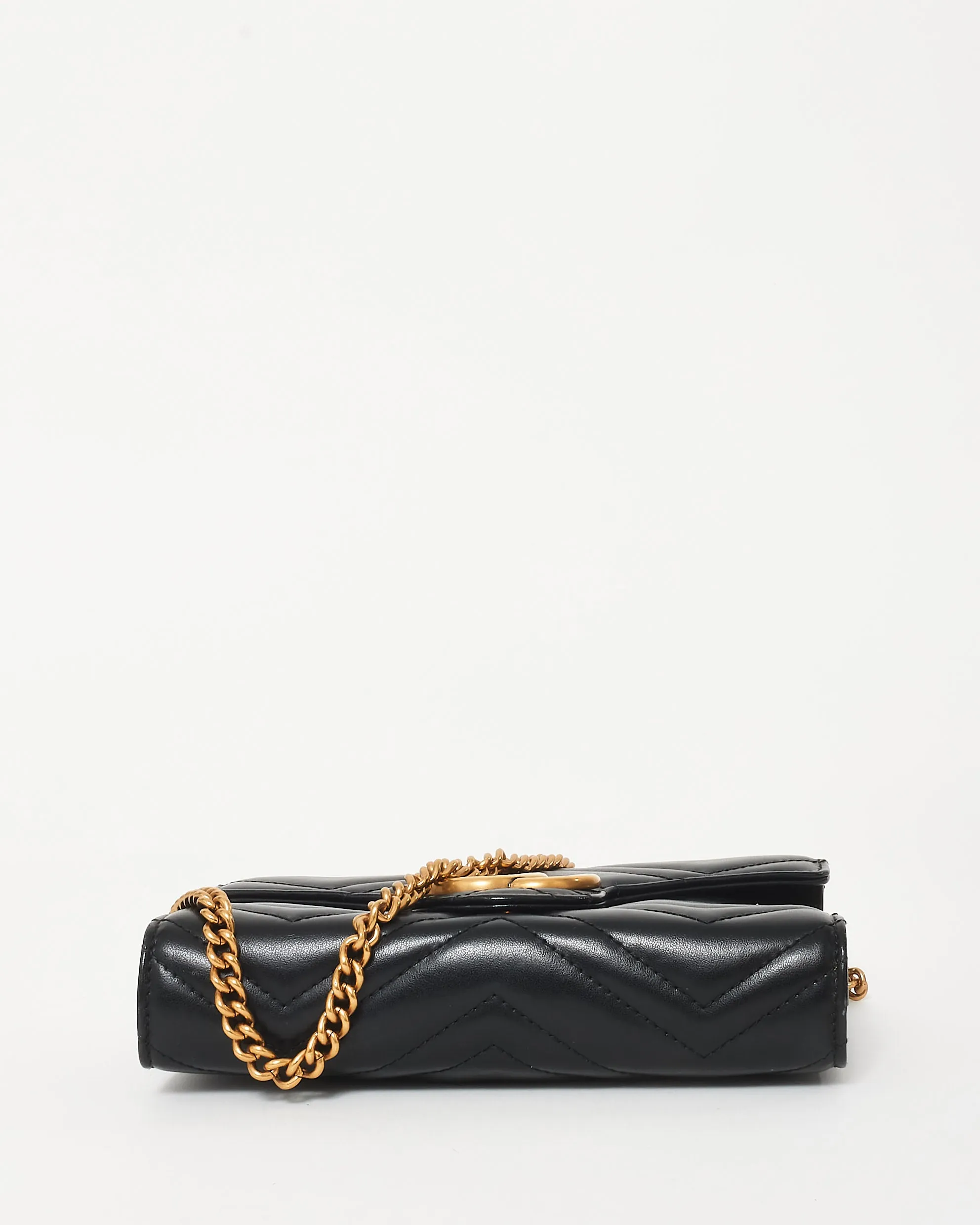 Gucci Black Chevron Leather GG Marmont Wallet On Chain