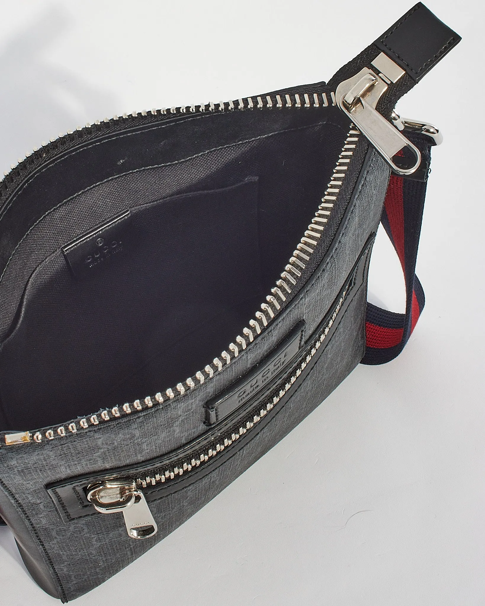 Gucci Black GG Supreme Monogram Canvas Small Web Flat Messenger Bag