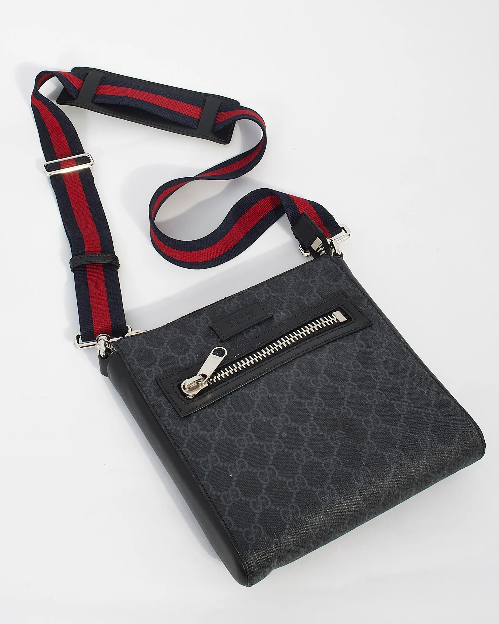 Gucci Black GG Supreme Monogram Canvas Small Web Flat Messenger Bag
