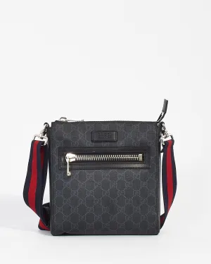 Gucci Black GG Supreme Monogram Canvas Small Web Flat Messenger Bag